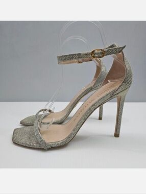 Stuart Weitzman Nudistcurve 100 Sandal Women 8 Platino Glitter Mesh Strappy Heel
